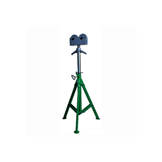 A blue and green Uken pipe stand with a roller head, designed for threading and grooving pipes, shown in a folded position.