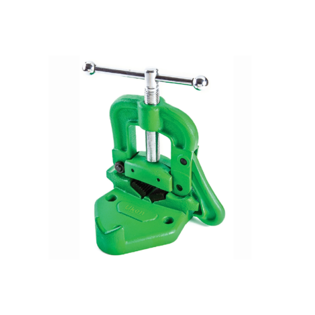 A green pipe vise with a chrome plated spindle and hardened & tempered jaws.