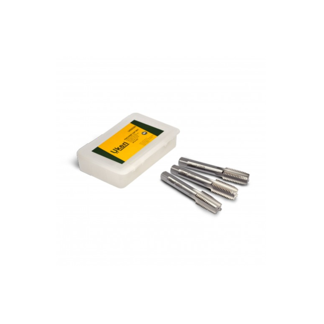 A set of high-speed steel taps and dies in a bright finish, packaged in a white box with a green and yellow label.