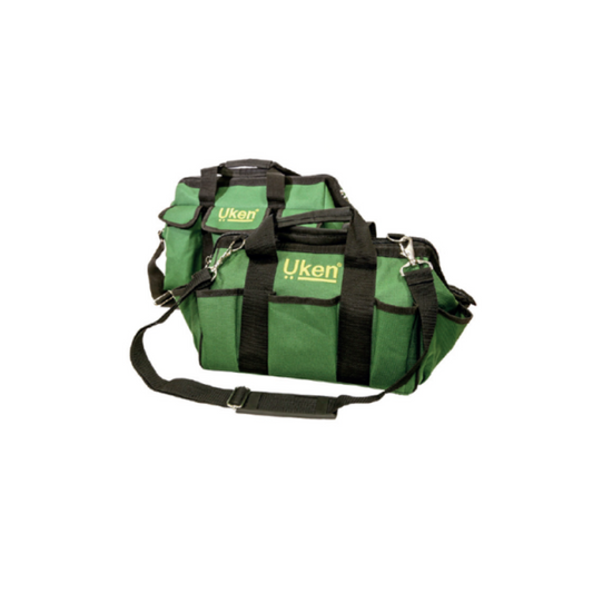 A green and black Uken tool bag with a shoulder strap, hand carrying options, and a zipper top closure.