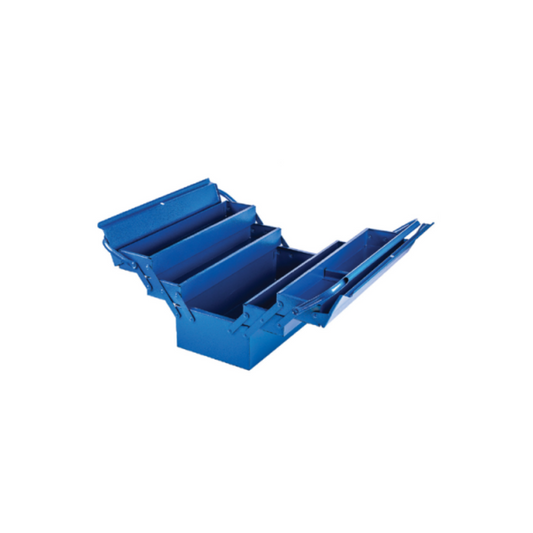 A blue metal tool box with multiple compartments, shown partially opened.