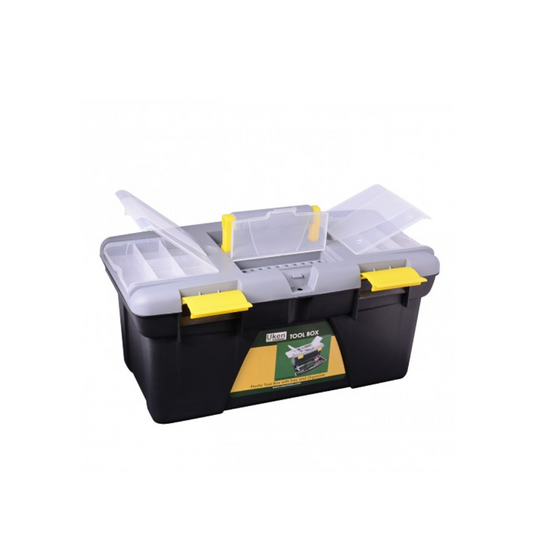 A black plastic tool box with a powder coated finish, featuring two yellow handles and five compartments.