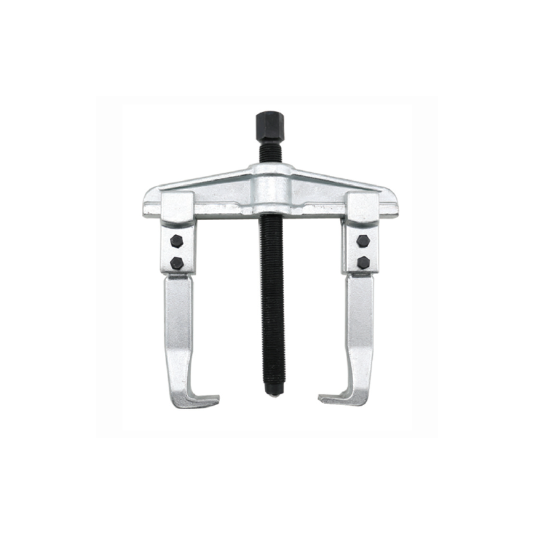 A two-arm gear puller with a metallic finish and a black protective case on the screw top.