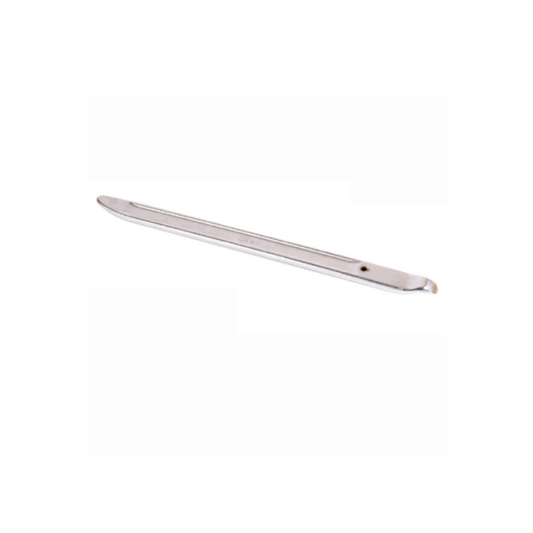 A long silver-colored tyre lever on a white background.