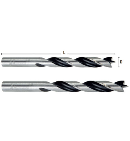 Two drill bits with measurements on a white background
