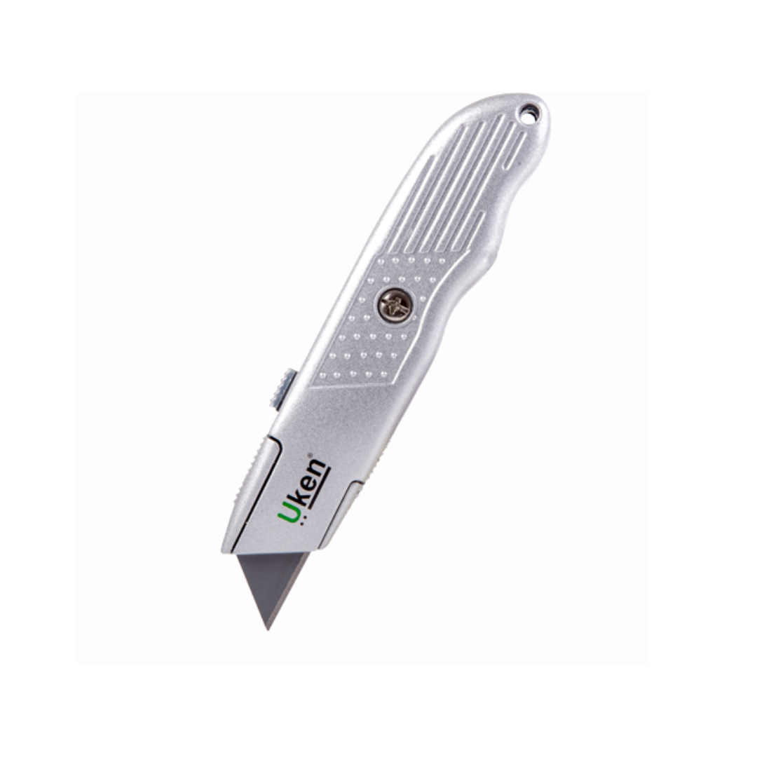 A folding utility knife with a silver body and a partially serrated blade, featuring the Uken brand name.