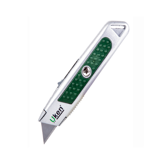 A safety utility knife with a green handle and silver body, featuring a push and slide opening blade mechanism.