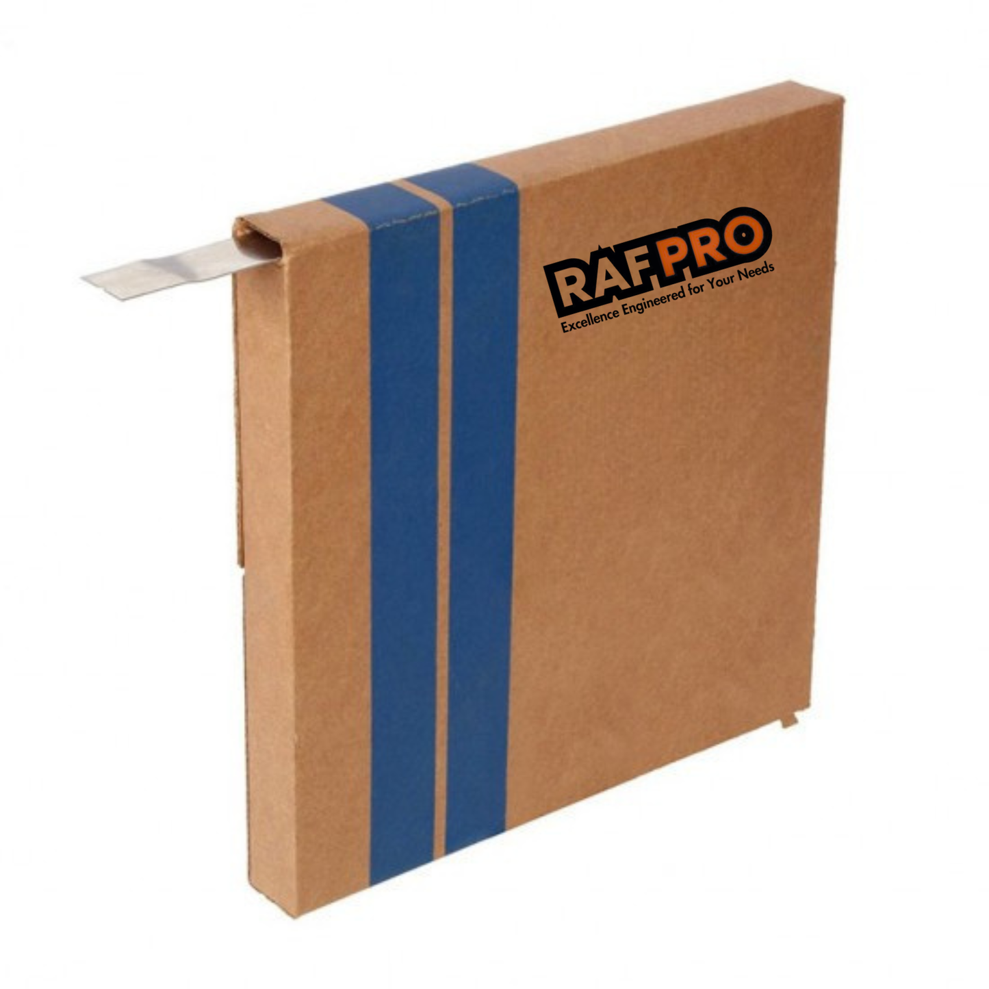Cardboard box with blue tape and RAFFPRO logo on a white background