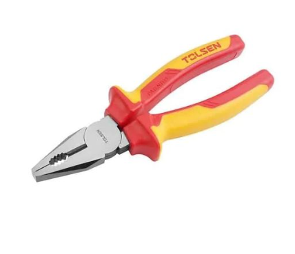 Pair of pliers with red and yellow handles on a white background