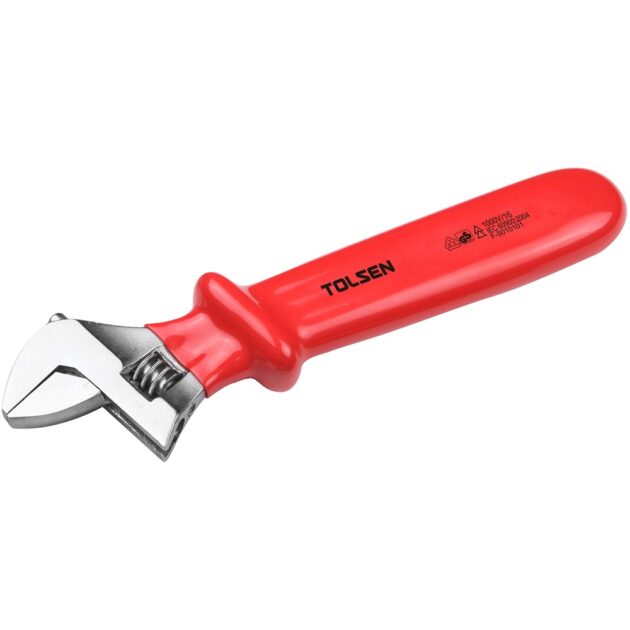 Red adjustable wrench with silver head on a white background, featuring the Tolsen brand.
