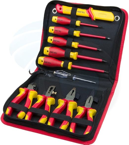 Set of red and yellow tools including screwdrivers and pliers in a black case on a white background