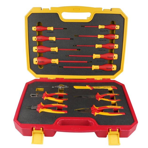 Set of screwdrivers and pliers in a red and yellow case on a white background