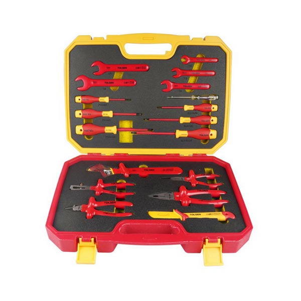Open tool kit with red and yellow tools on a white background