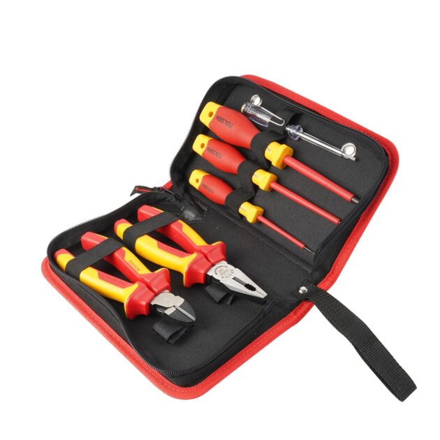 Set of tools in a red and black case on a white background