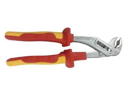 Pair of pliers with red and yellow handles on a white background