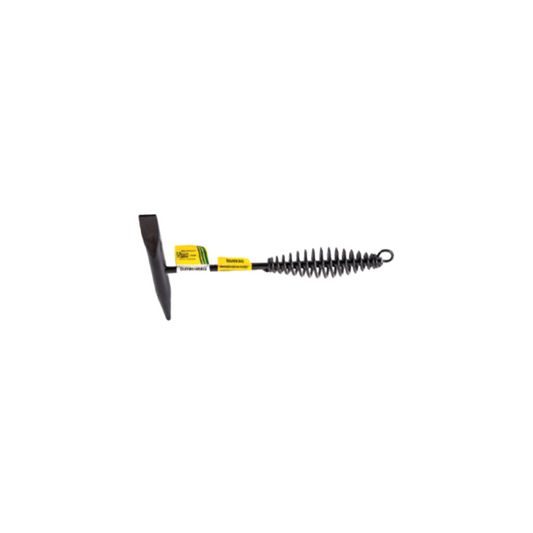 A welding chipping hammer with a black head and a yellow steel handle with a spring grip.