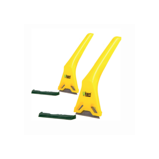 Two yellow window scrapers with green blades and detachable blade guards.