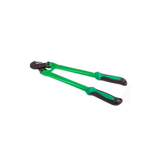 A pair of green and black wire rope cutters with metal blades.