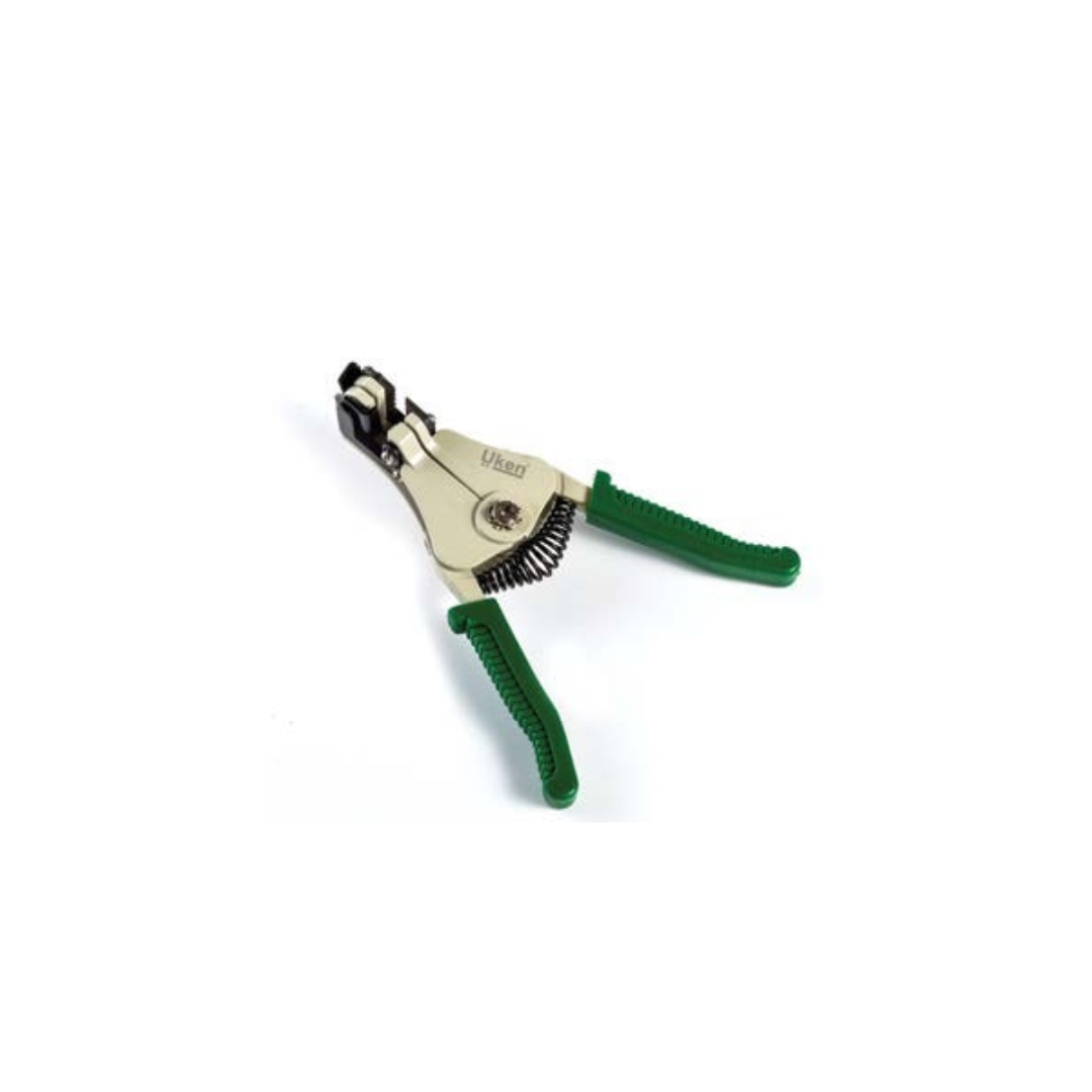 A wire stripper tool with a die cast body and frame, featuring adjustable stripping length guide, with green handles.