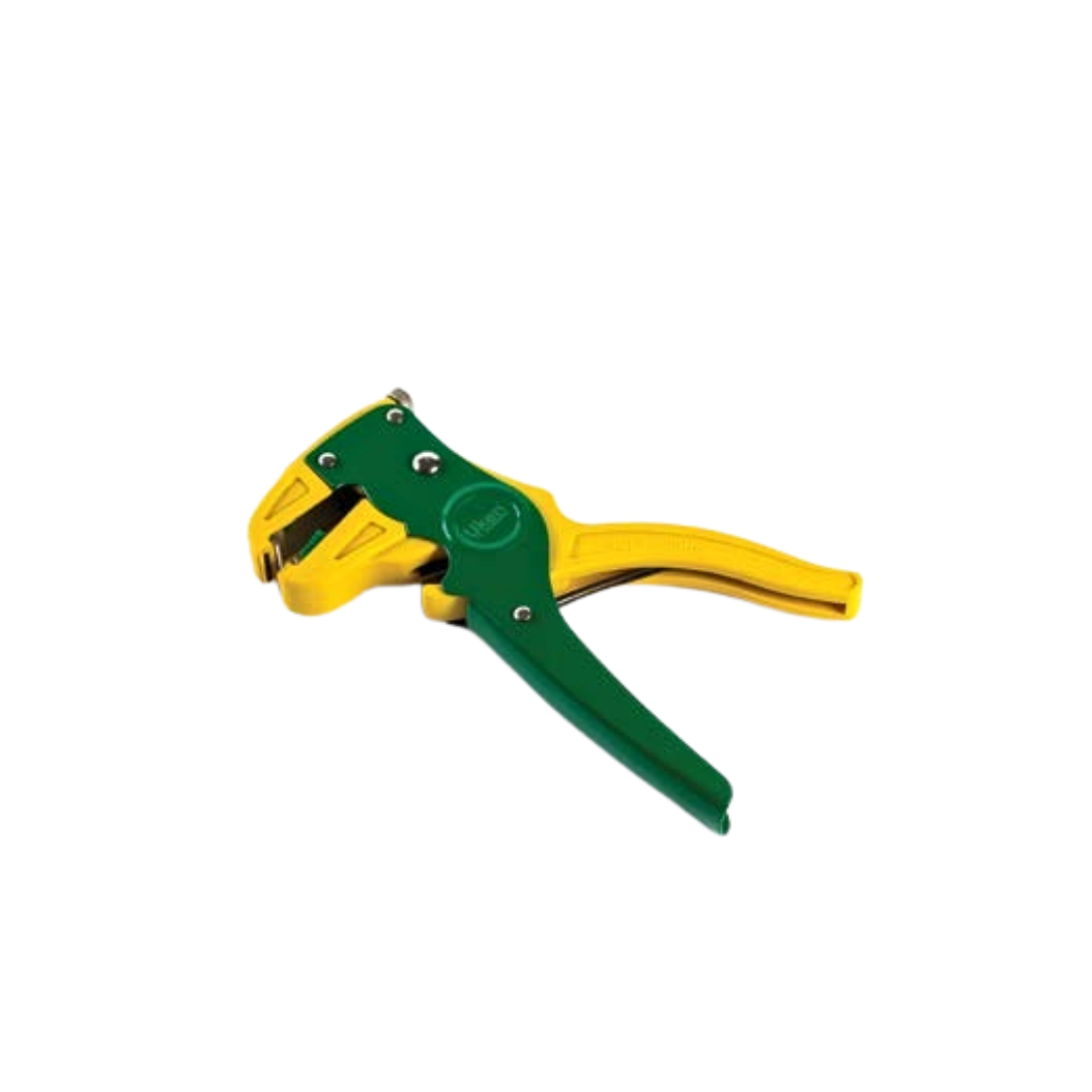 A hand-held wire stripper tool with green and yellow plastic housing.