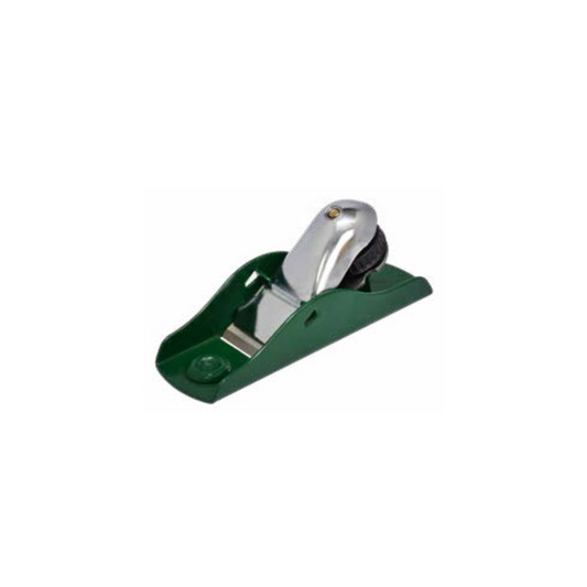 A green and silver wood plane with an adjustable alloy steel blade and a cast iron body.