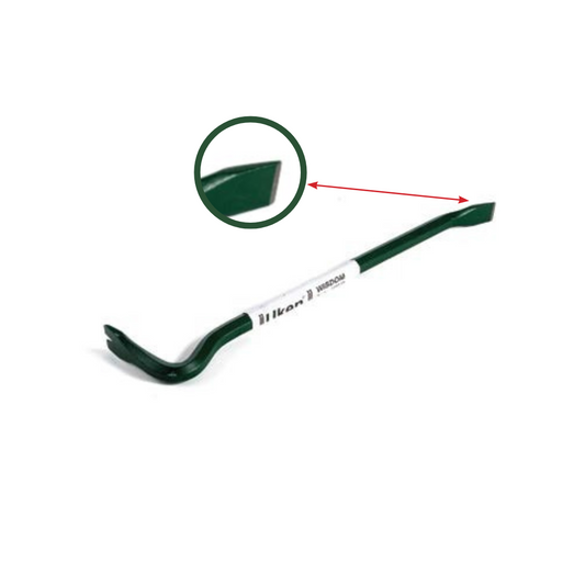 A green-colored wrecking bar with a hexagonal shape, designed for prying and opening tasks, with a focus on its angled prying end.