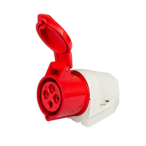 Red and white electrical plug on a white background