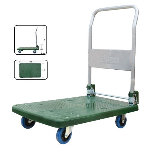 Green and white platform cart with dimensions and brand name on a white background