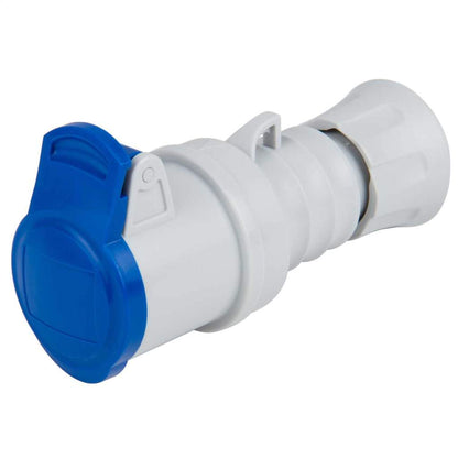 Plastic fitting with blue and white colors on a white background